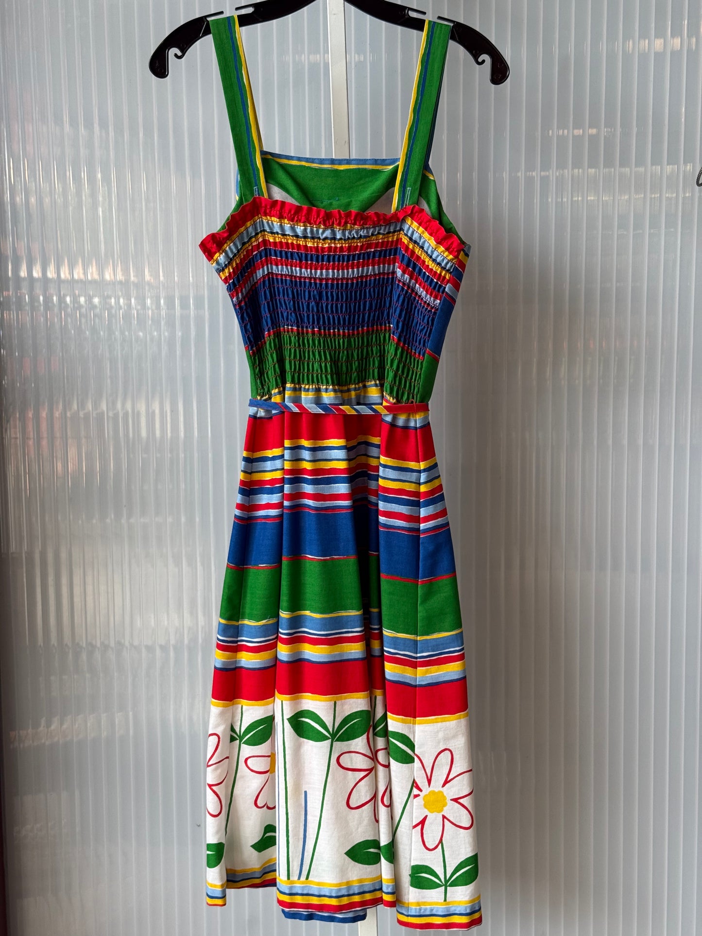 1970s Rainbow Striped Sleeveless Smocked Dress