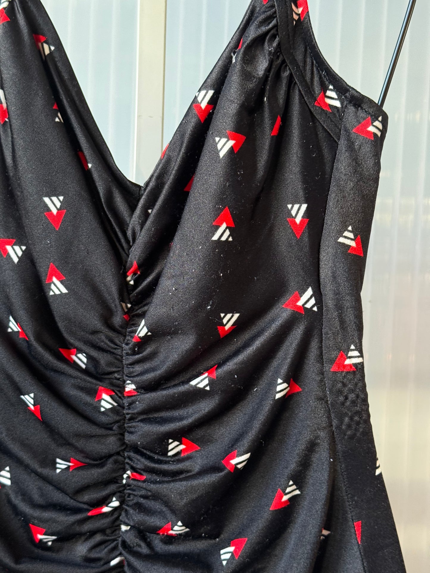 1980s Black Rushed Swimsuit w/ Triangle Pattern