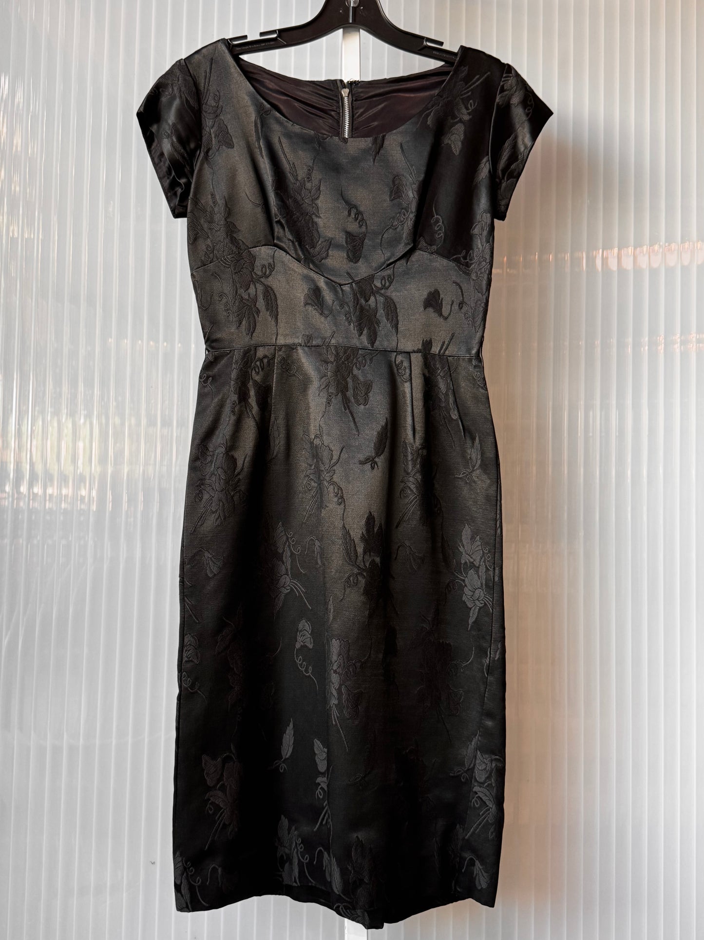 1980s Black Jacquard Floral Print Silk-Feel Jacket & Dress Set