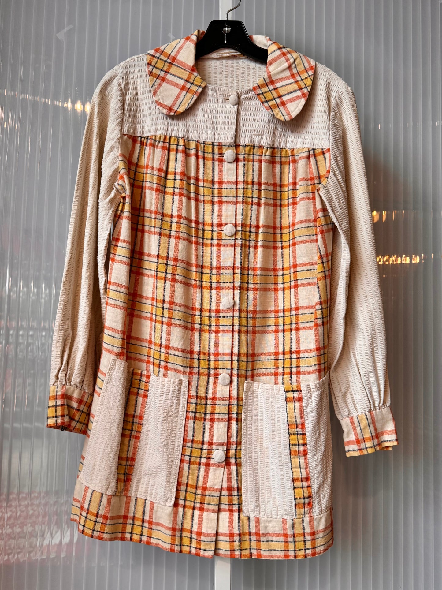 1970s Orange & Cream Plaid Button Up Dress w/ Pockets