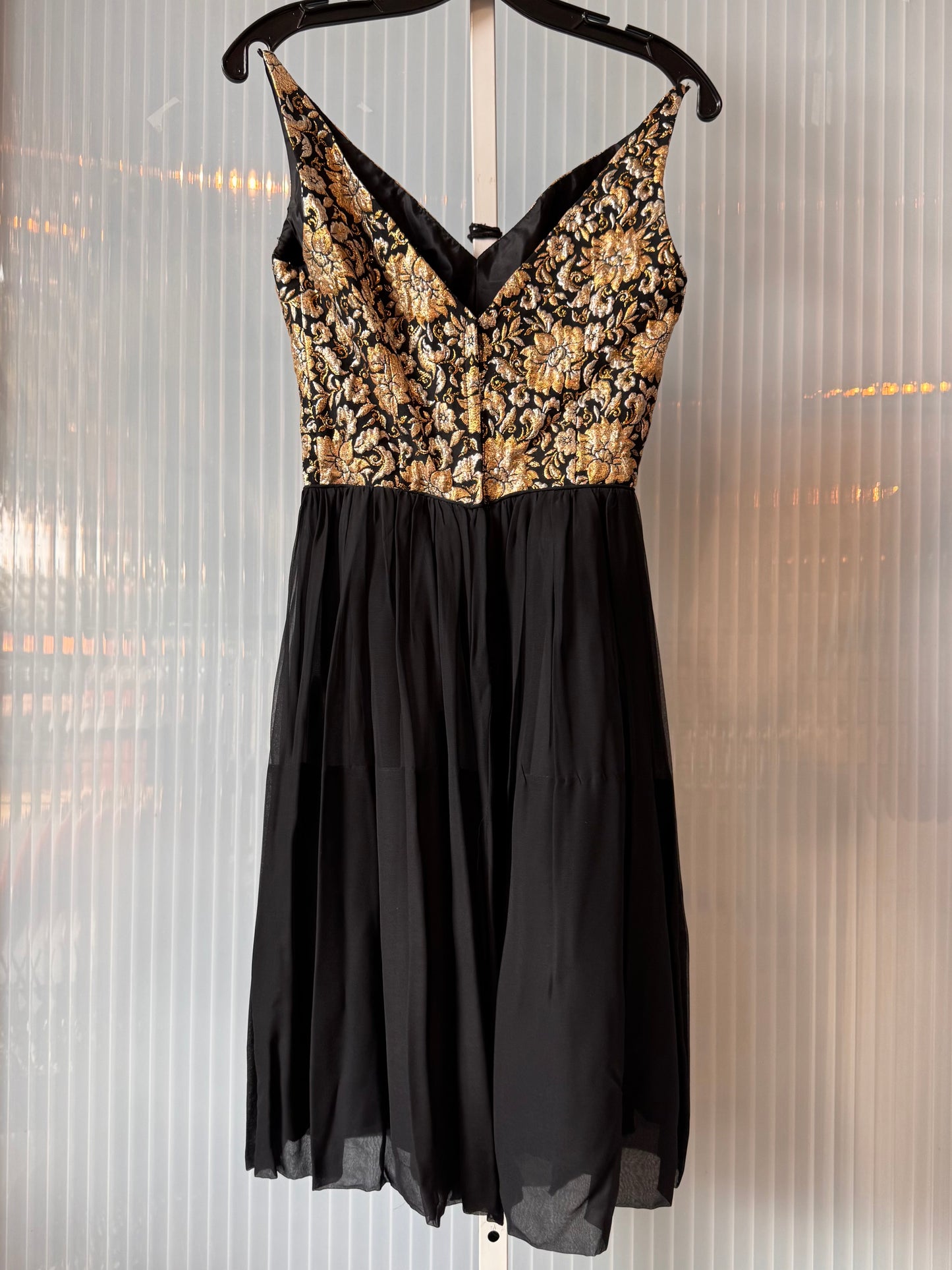 1950s Gold Embroidered Black Flared Cocktail Dress
