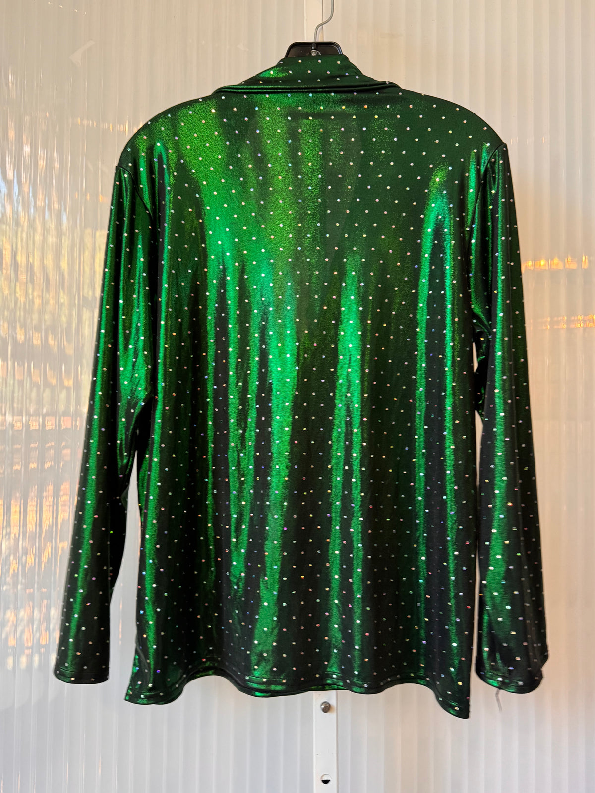 1990s Bedazzled Metallic Green 1970s-Costume Disco Shirt