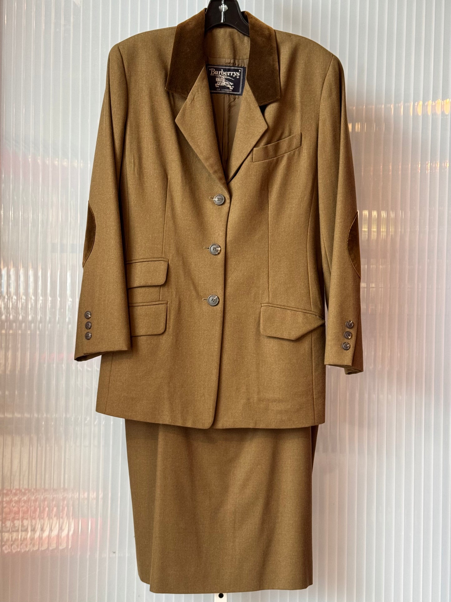 Burberrys Jacket & Skirt Suit Set w/ Corduroy Elbow Patches & Lapel
