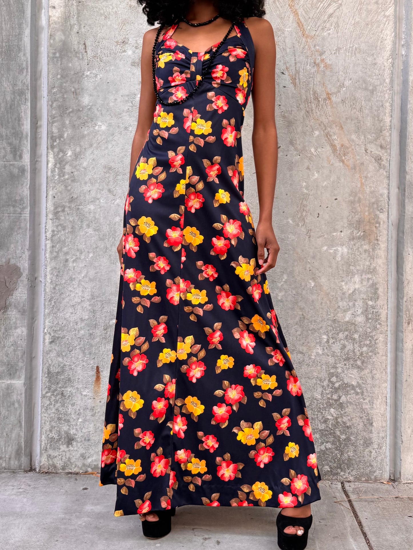 1970s Red & Yellow Floral Black Halter Dress