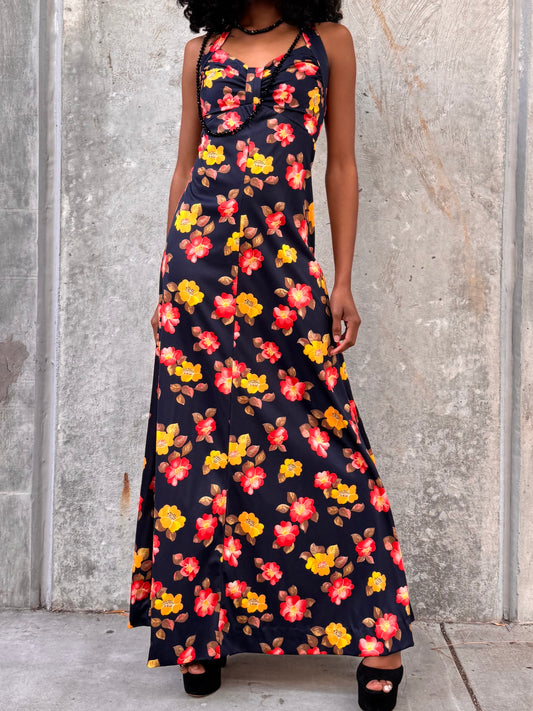 1970s Red & Yellow Floral Black Halter Dress