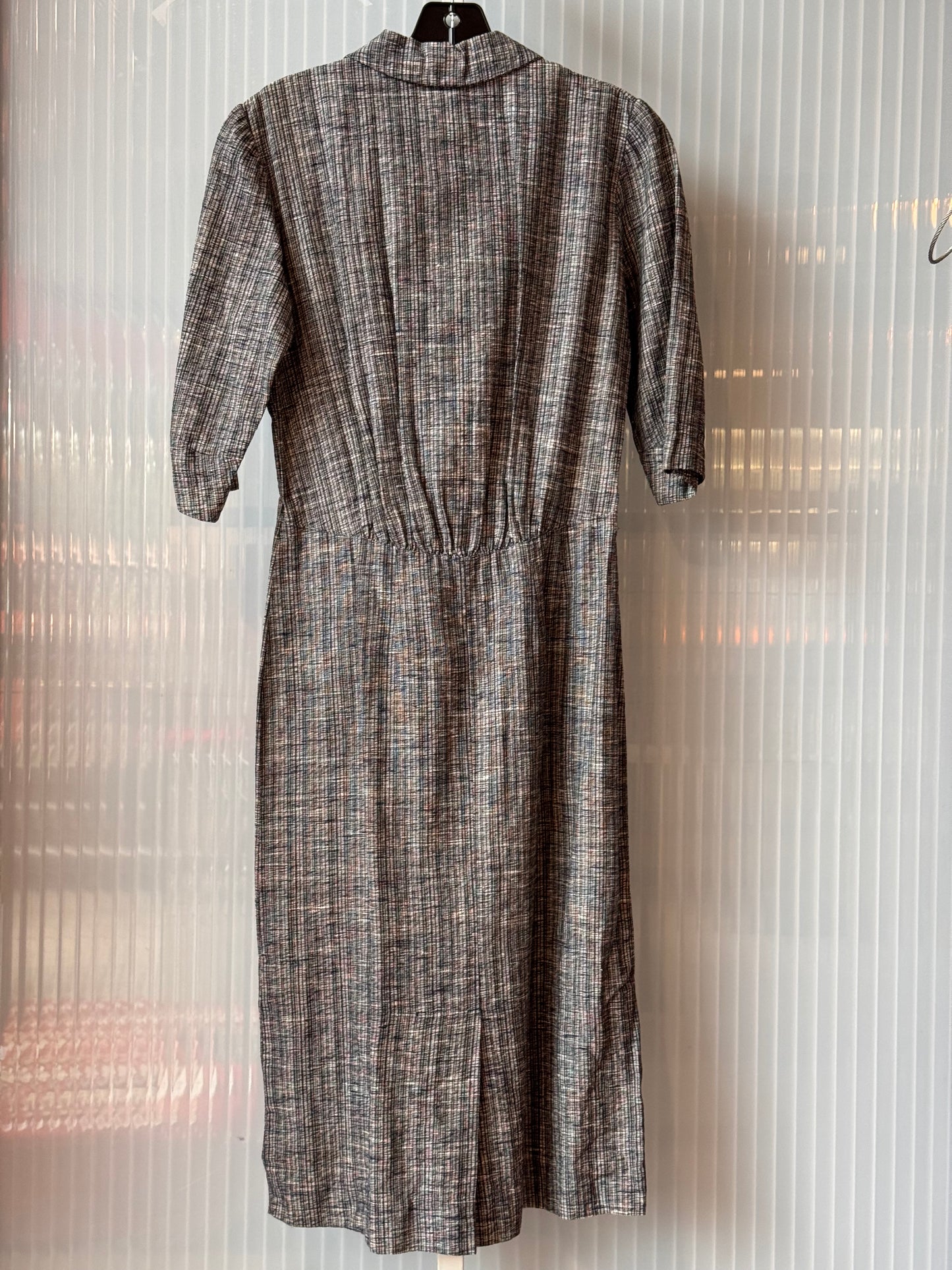 1970s Grey Cross Hatch Button-Front Midi Dress