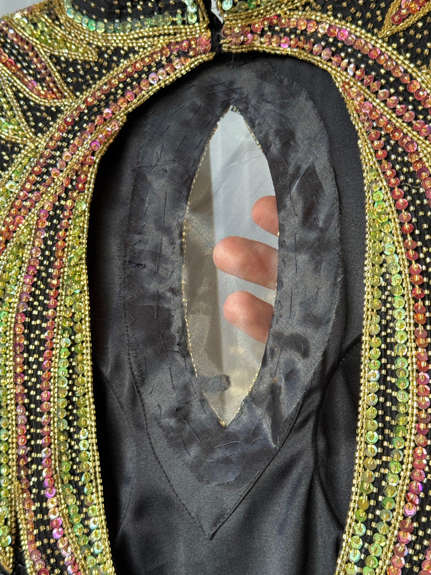 1980s Black Sequin Beaded Gown w/ Gold & Pink Nouveau Applique