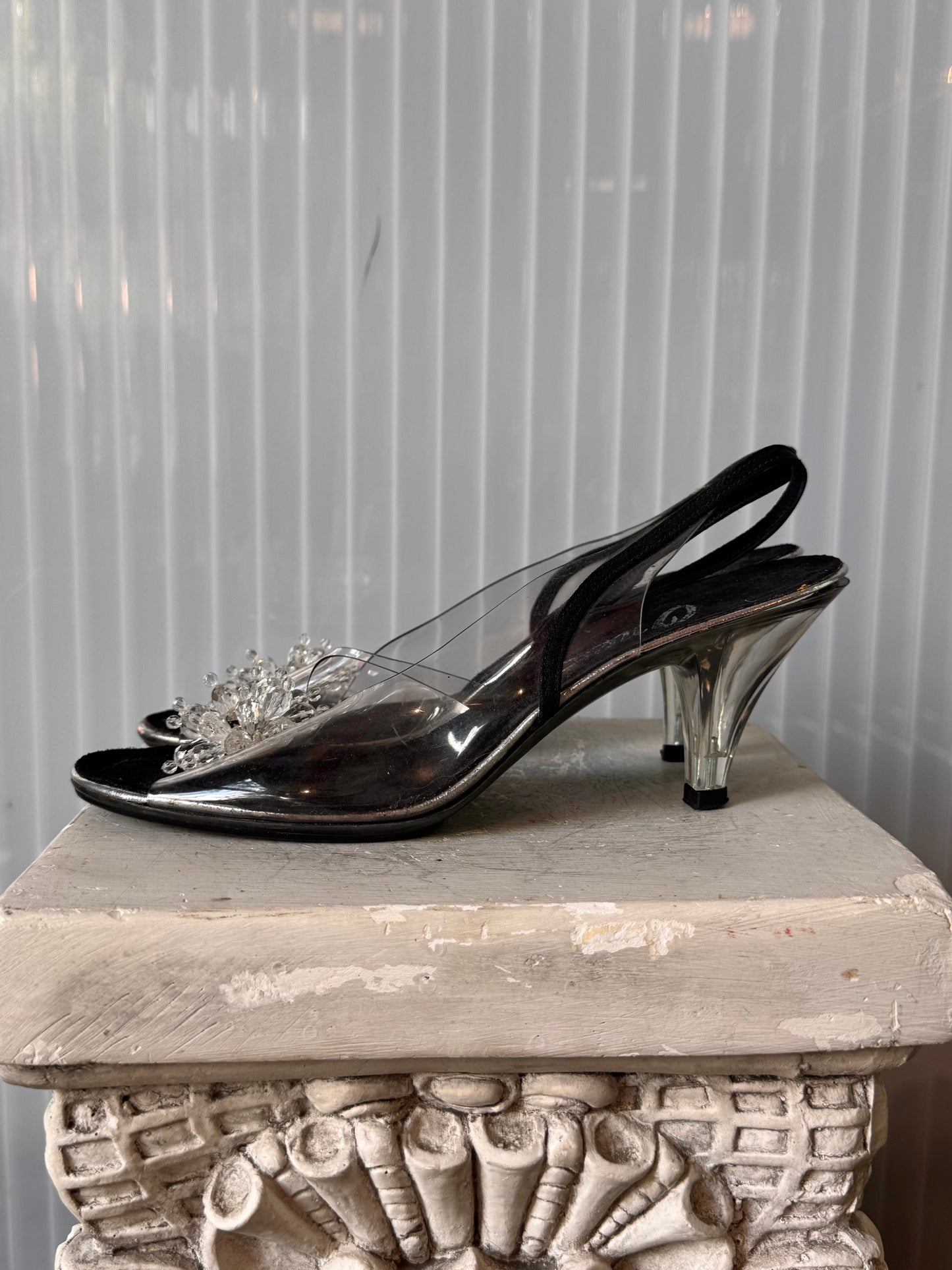 1980s Black & Clear PVC Peep-toe Slingback Heels