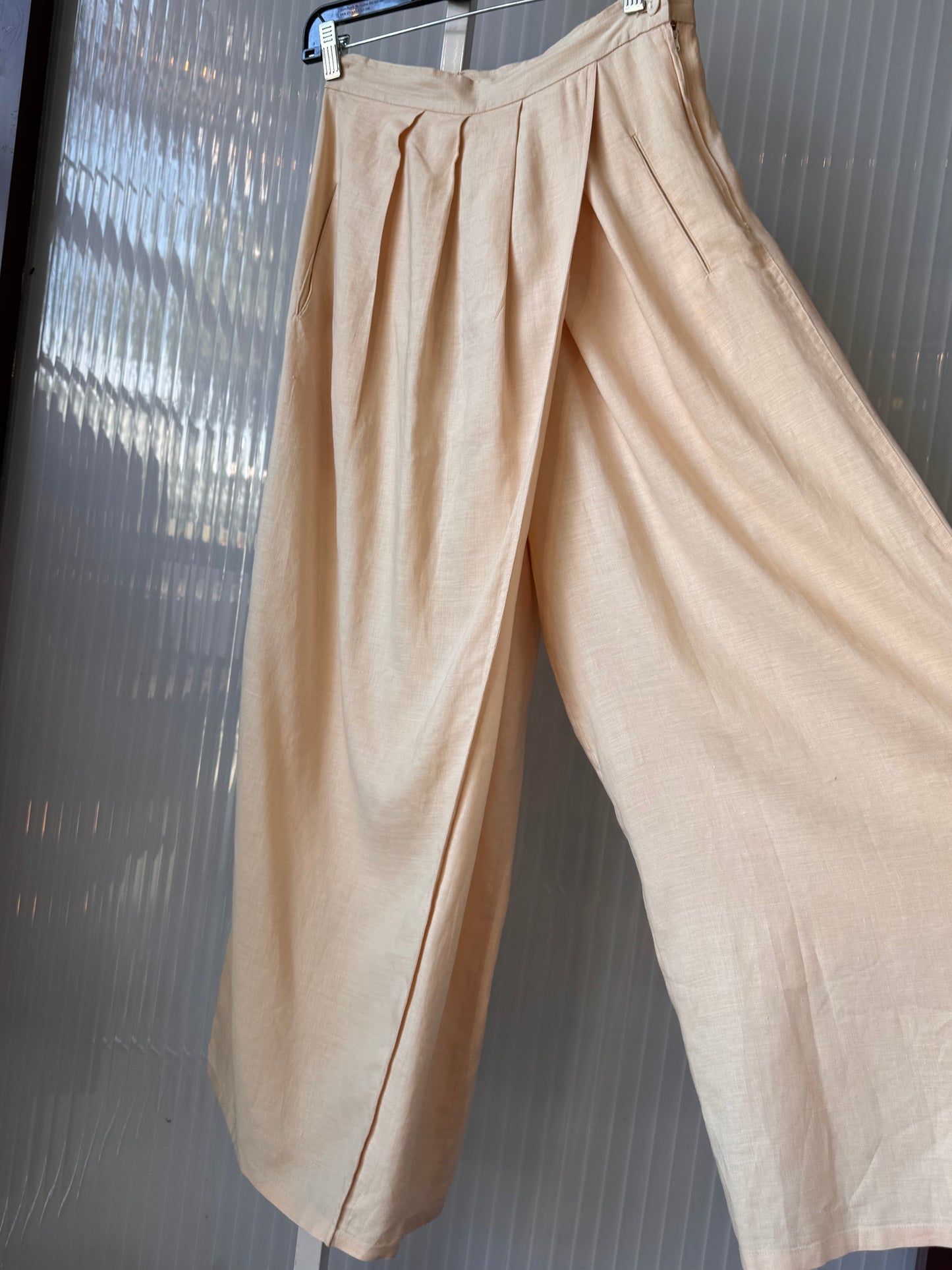 Cream Linen Skirt-Like Wide-Leg Trousers