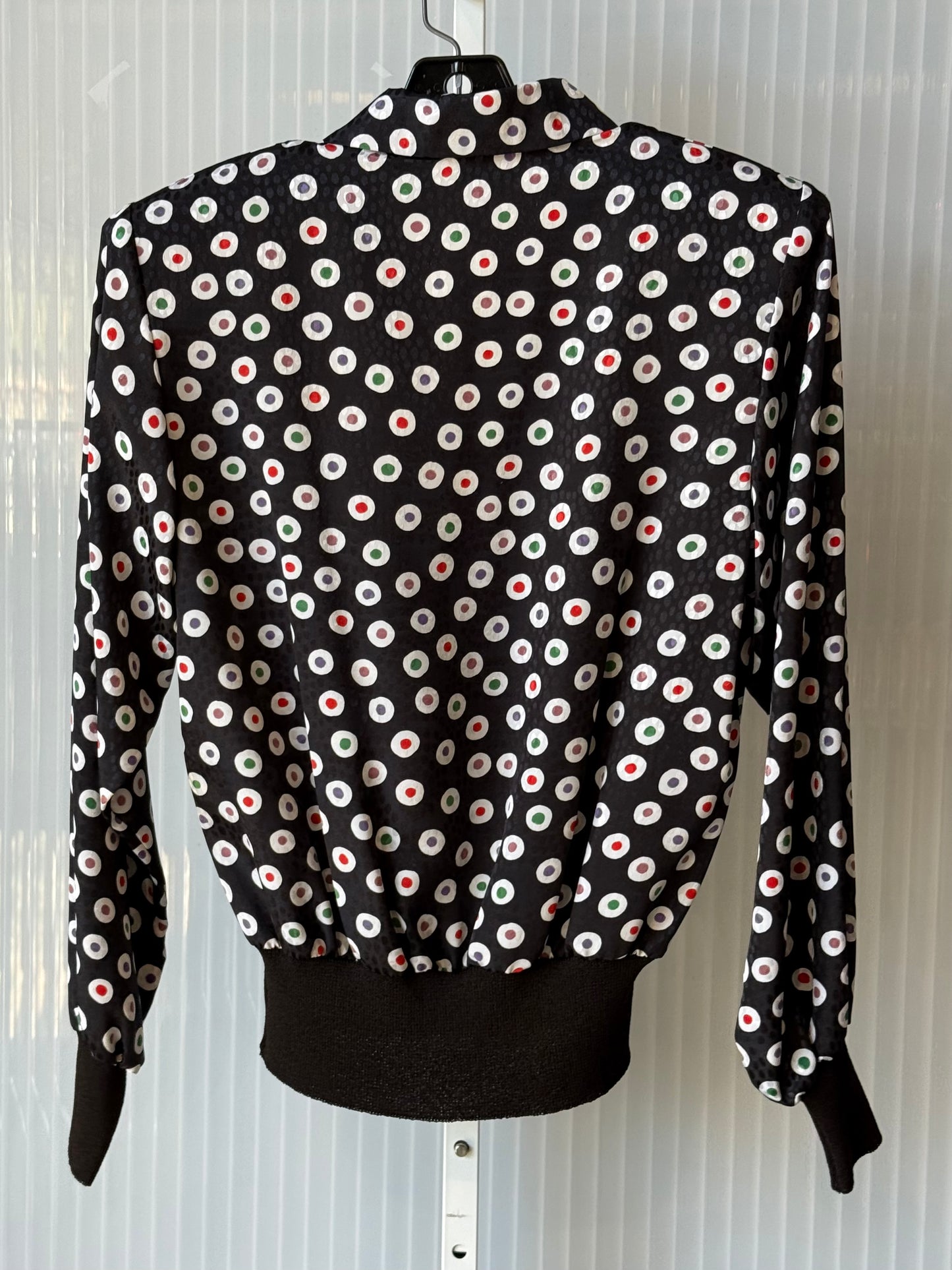 1980s Multicolor Dot Pattern Black Satin Top & Skirt Set