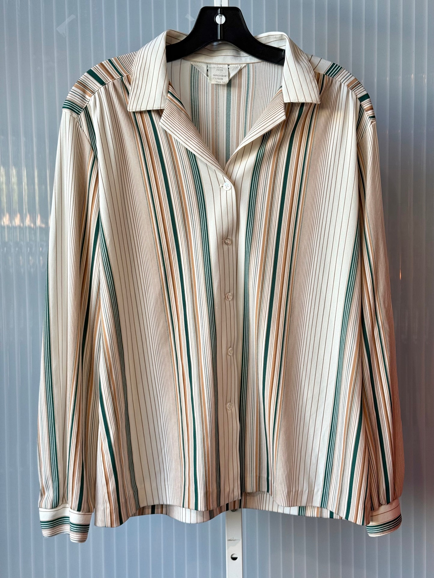 1970s Koret White and Tan Striped Collared Blouse