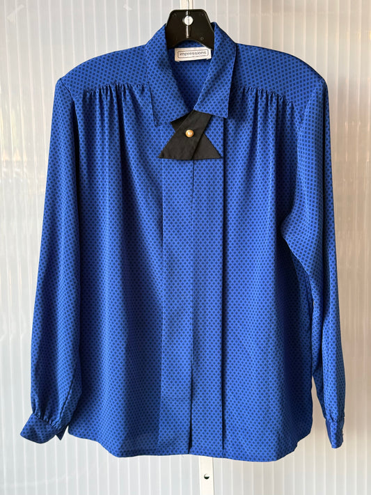 1980s Royal Blue Button-Up Blouse w/ Black Ascot