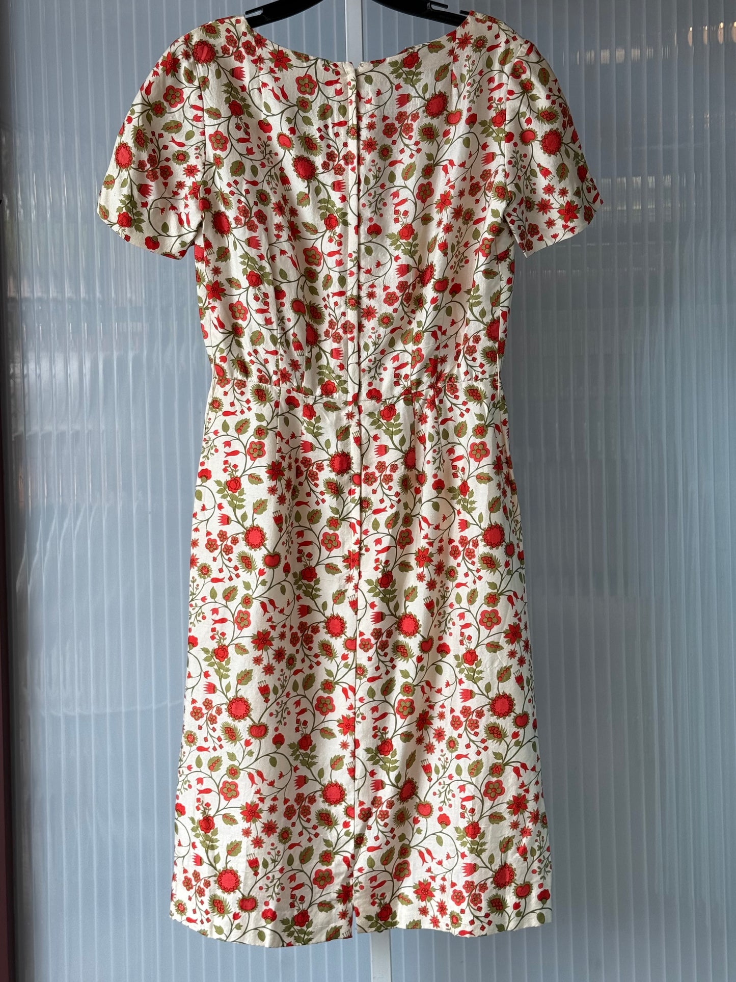1960s Red, Green, & Cream Floral Print Pleated Sheath Dress