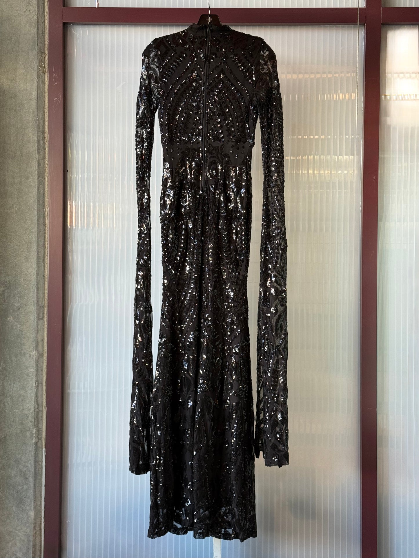 1990s Black Sequin Bodycon Gown with Dramatic Drape Sleeves
