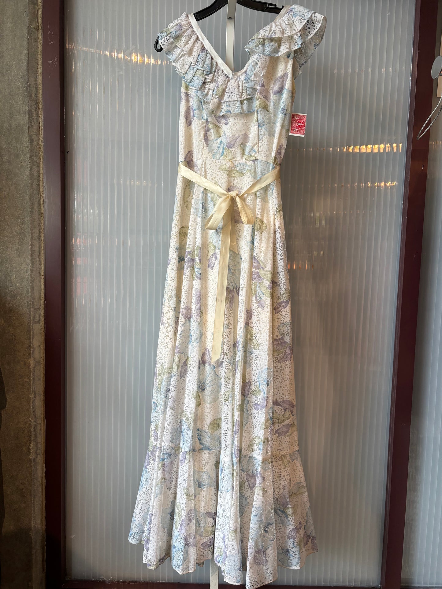 1970s White, Blue & Lavender Maxi Gown