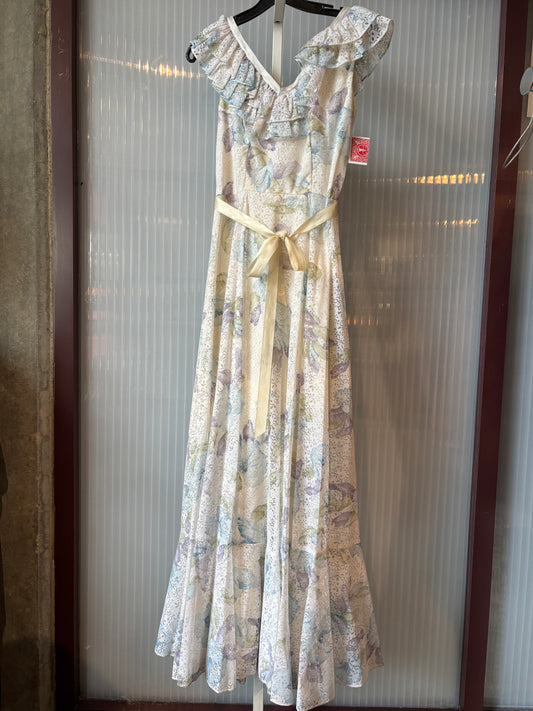 1970s White, Blue & Lavender Maxi Gown