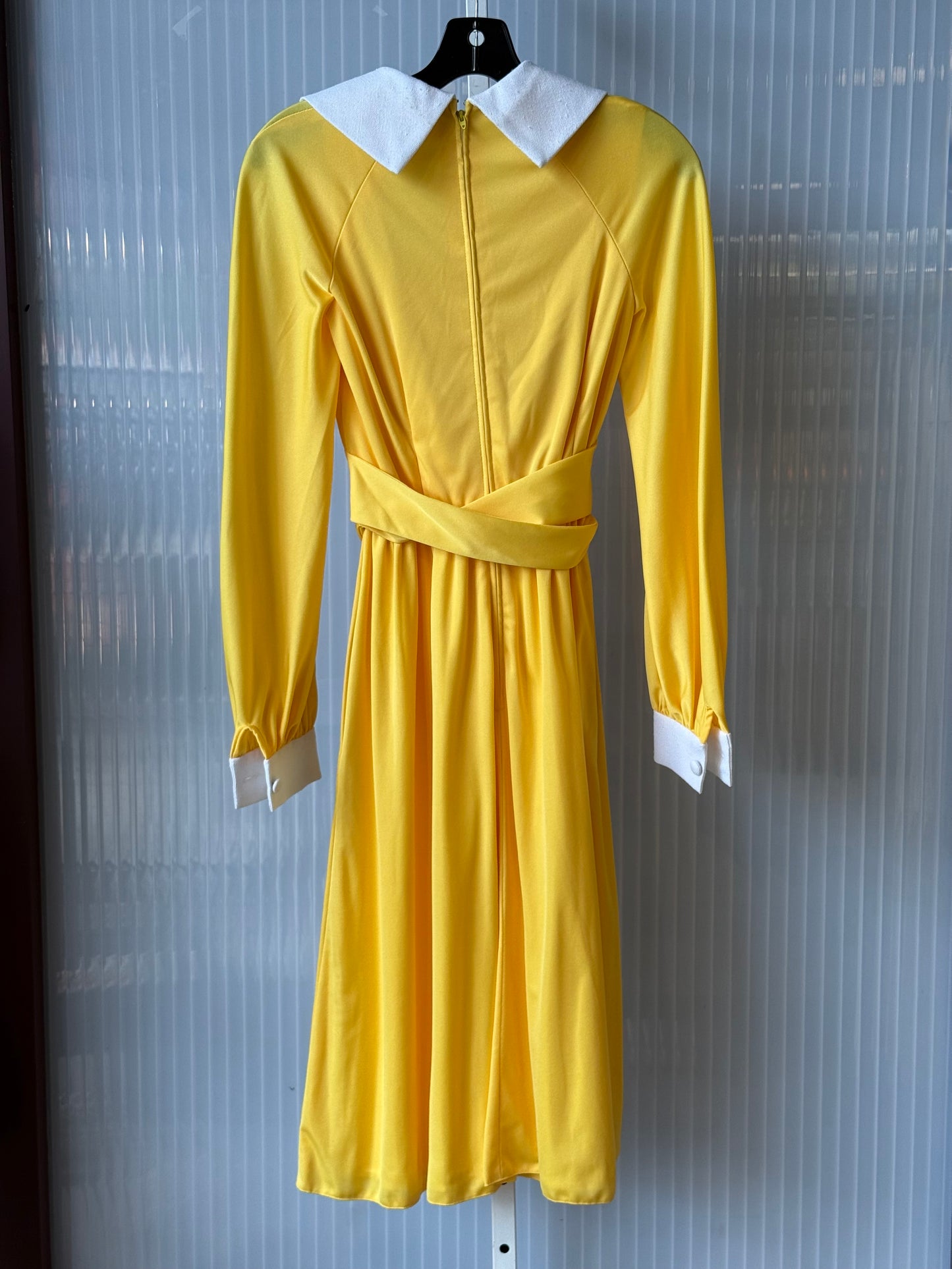 1970s Vibrant Yellow Dress w/ Asymmetrical Collar
