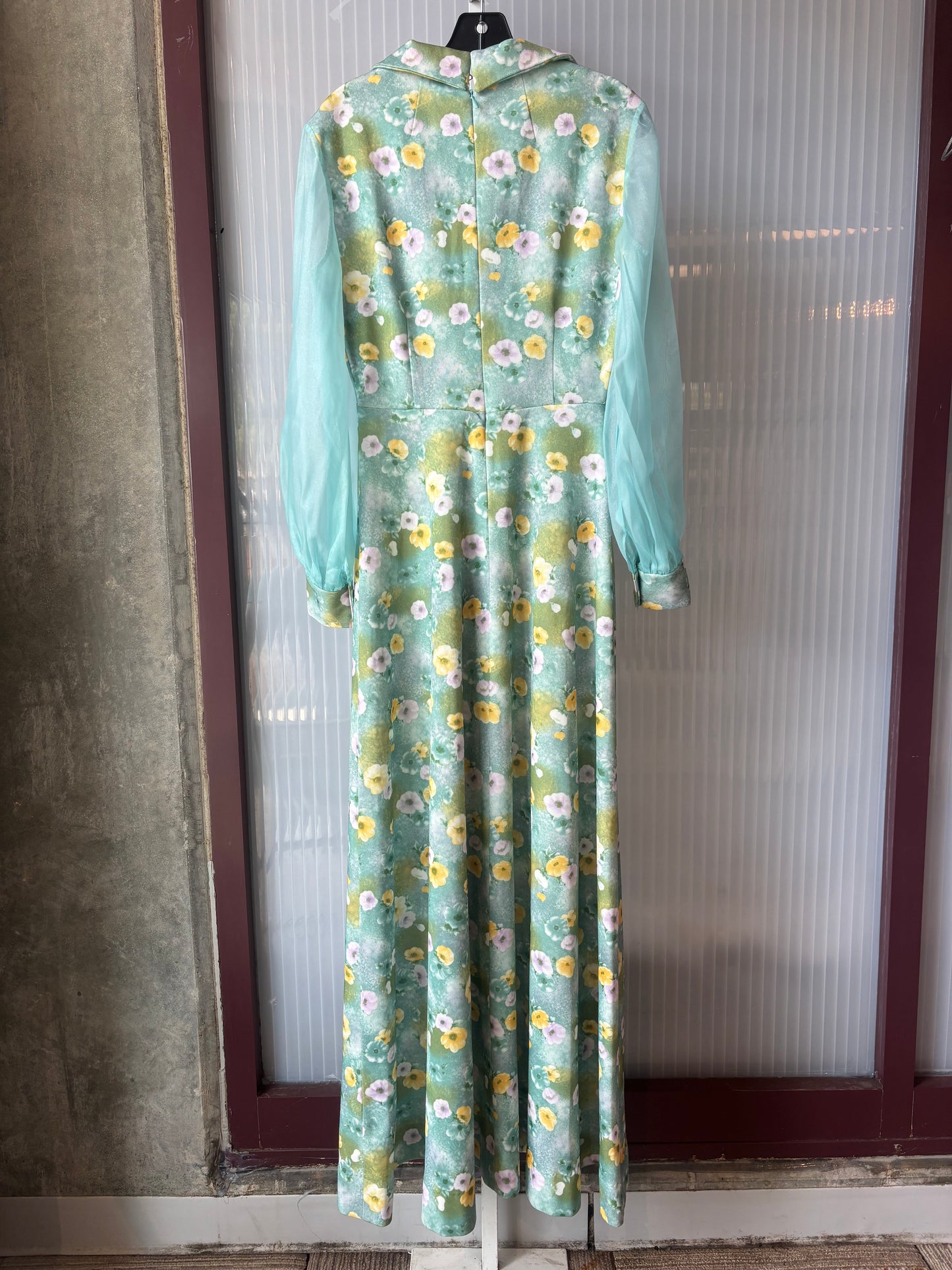 1970s Pastel Floral Collared Dress w/ Sheer Sleeves