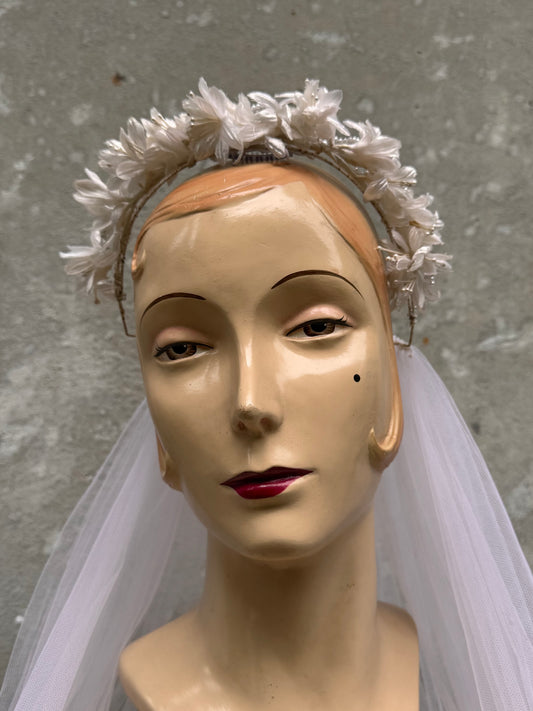 1950s White Floral Half-Crown Veil