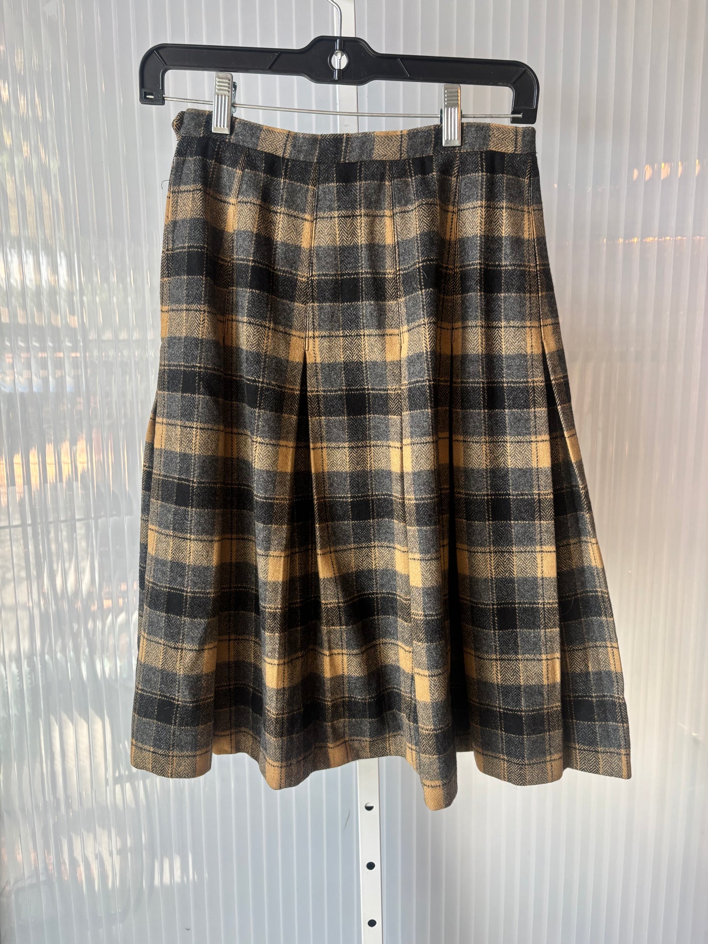 1970s Grey & Yellow Plaid Wool Tweed Box Pleated Skirt