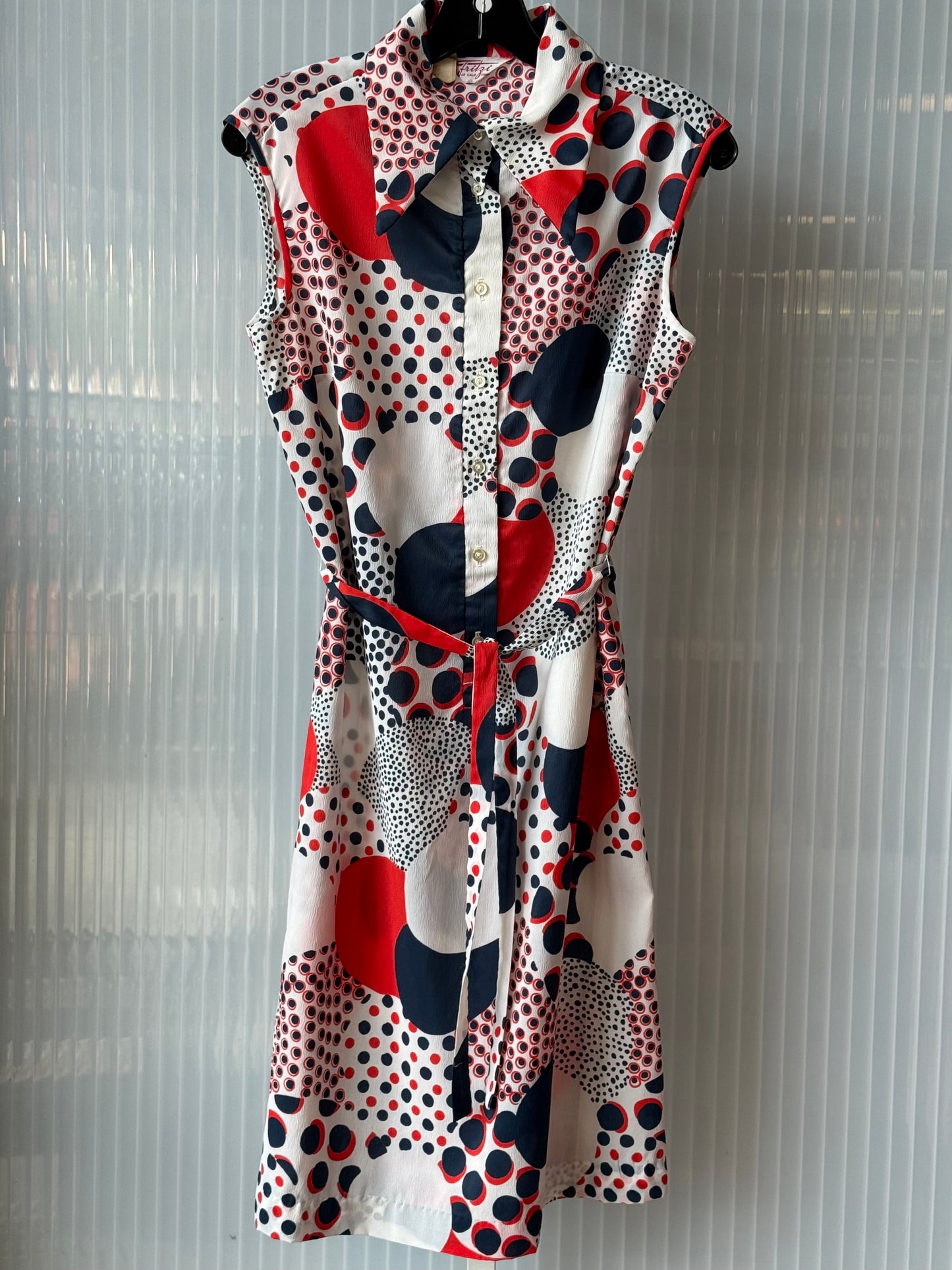1970s Red, White & Blue Dot Patterned Shirt Waist Dress