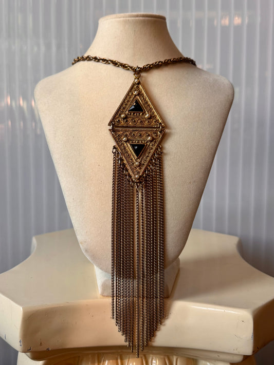 1970s Gold Black Stone and Pearl Tassels Necklace