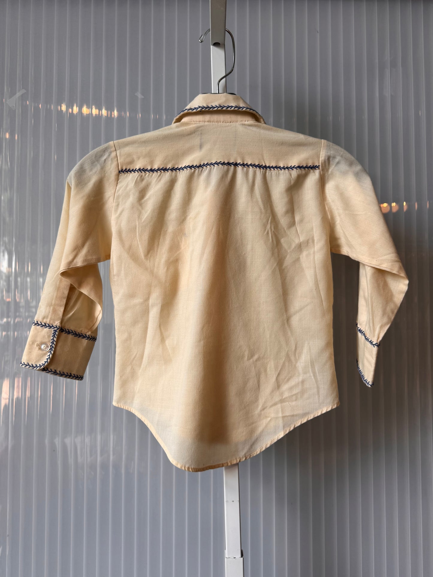 1970s Children's Cream Button-Up Shirt with Blue Fishbone Stitch