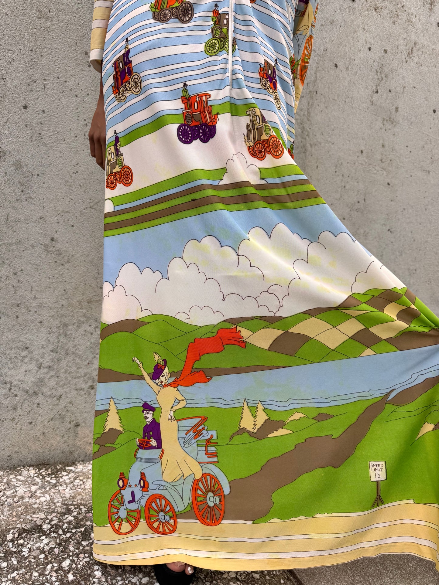 1970s Blue & Green Carriage Print Zip Dress