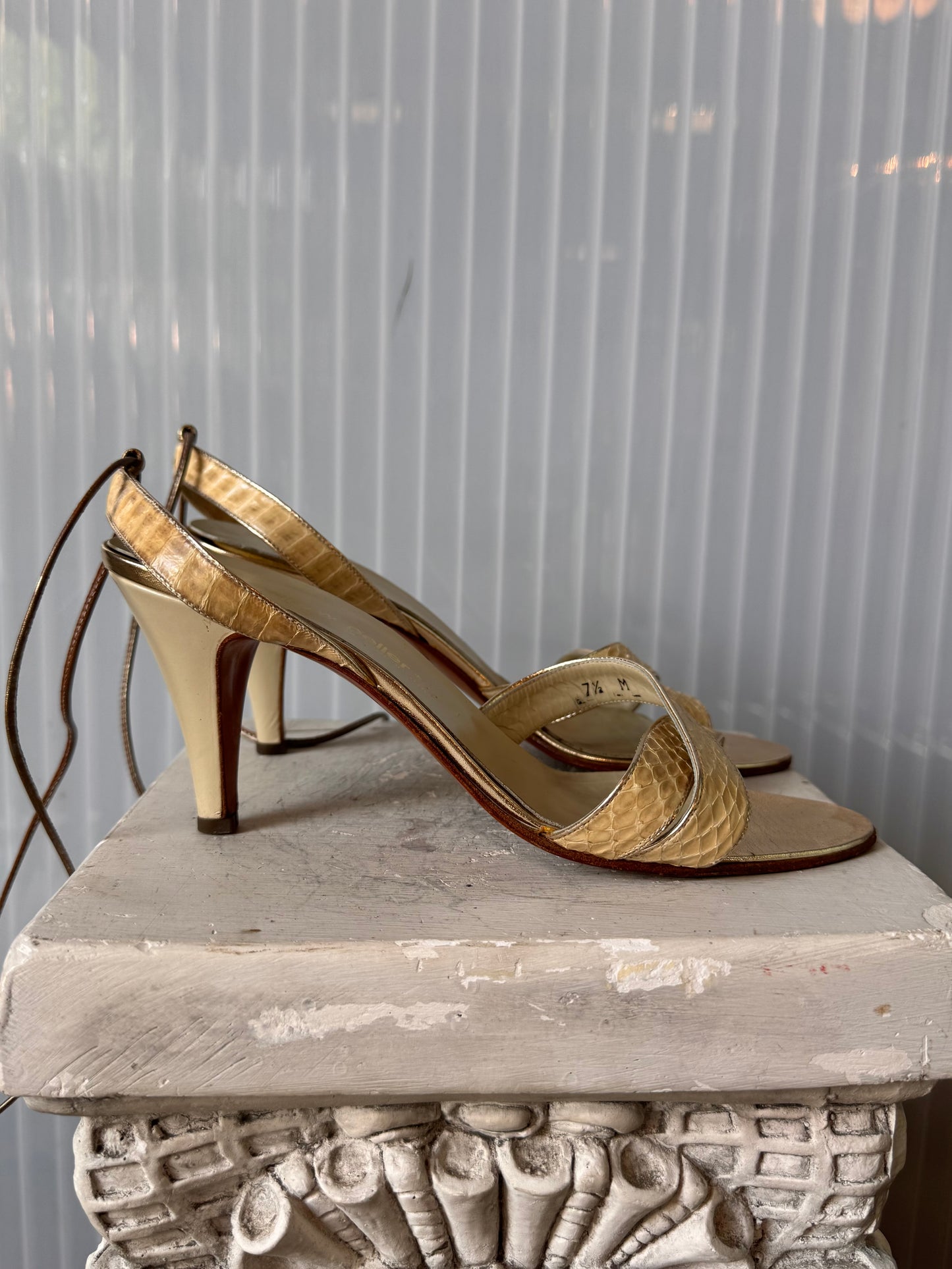 1990s / Y2K Cream Snakeskin Strappy Heels