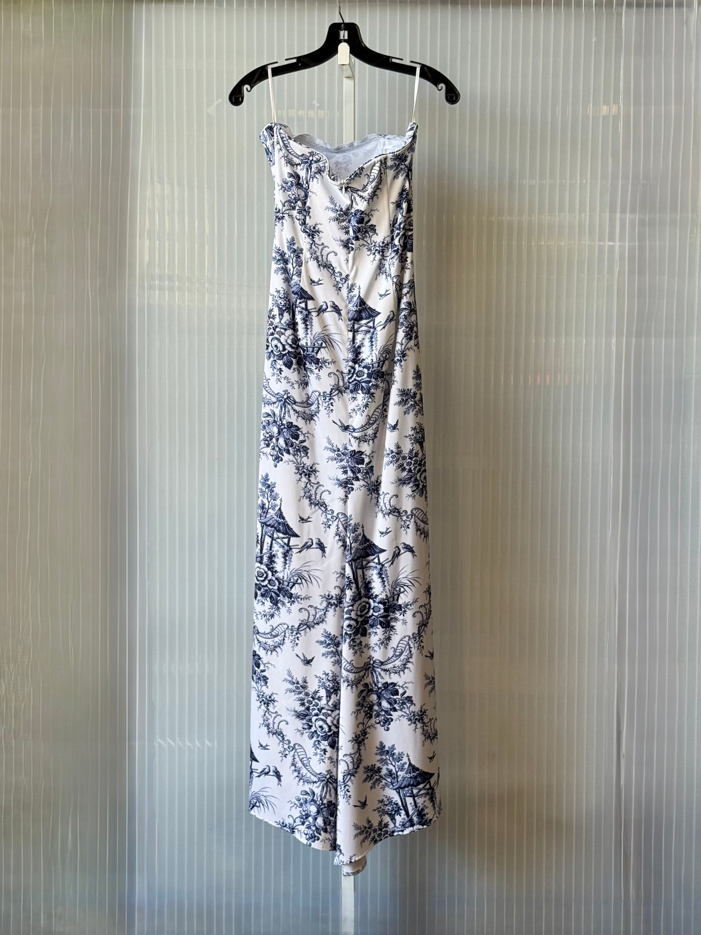 1990s Gunne Sax White and Blue Toile Strapless Gown