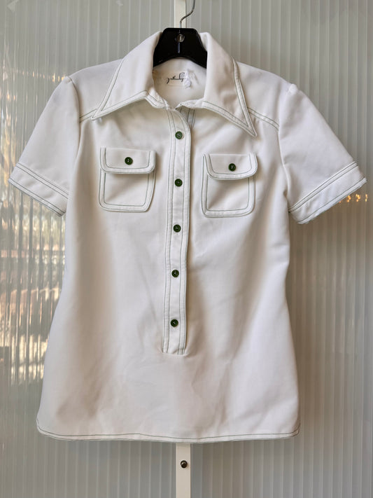 1970s White Point Collar Blouse w/ Green Contrast Stitching
