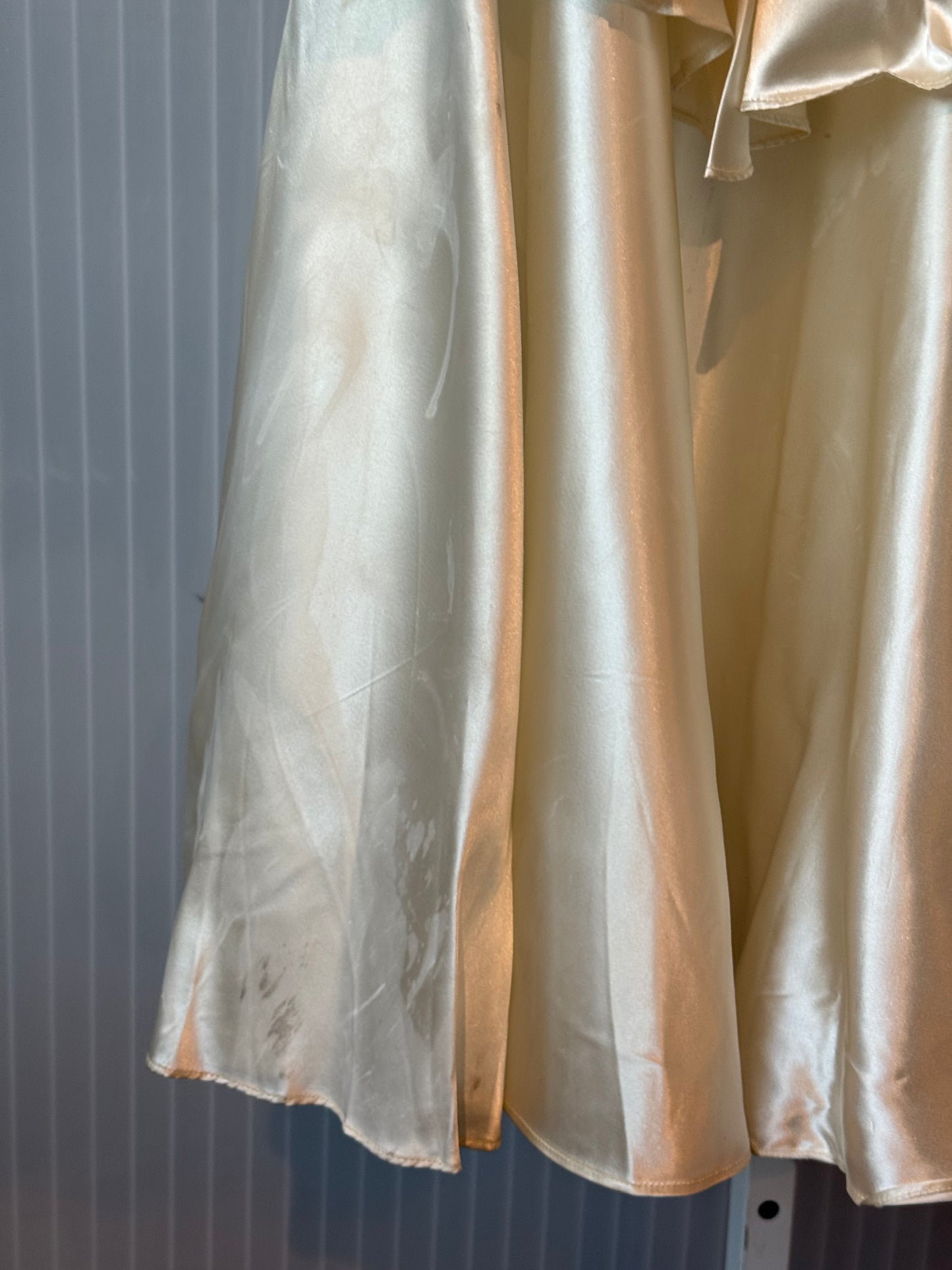 1930s Cream Silk Gown w/ Drop Waist Ruffle & Off-Shoulder sleeves.