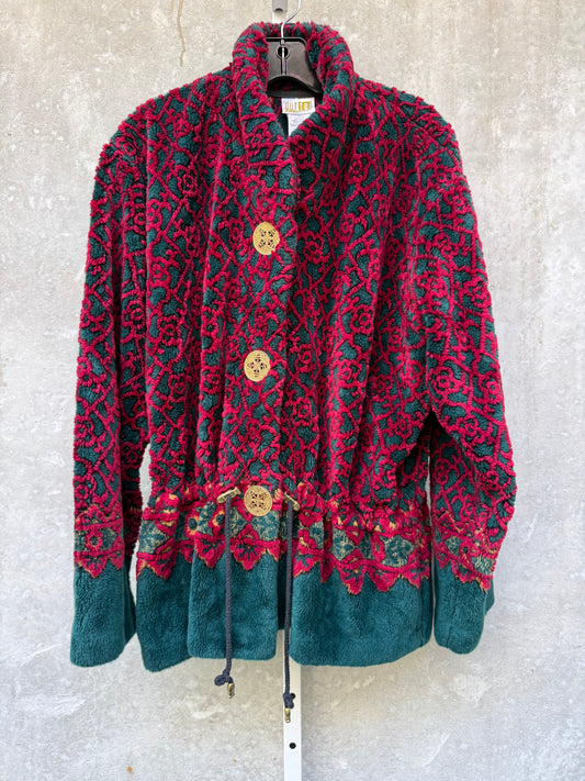 1980s Maroon & Green Fuzzy Jacket w/ Waist Cinch