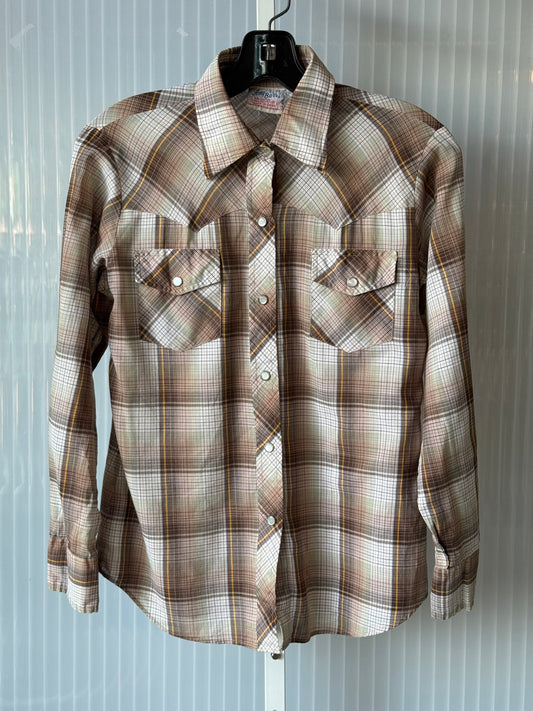 1970s Cream & Tan Plaid Pearl Snap Collared Blouse