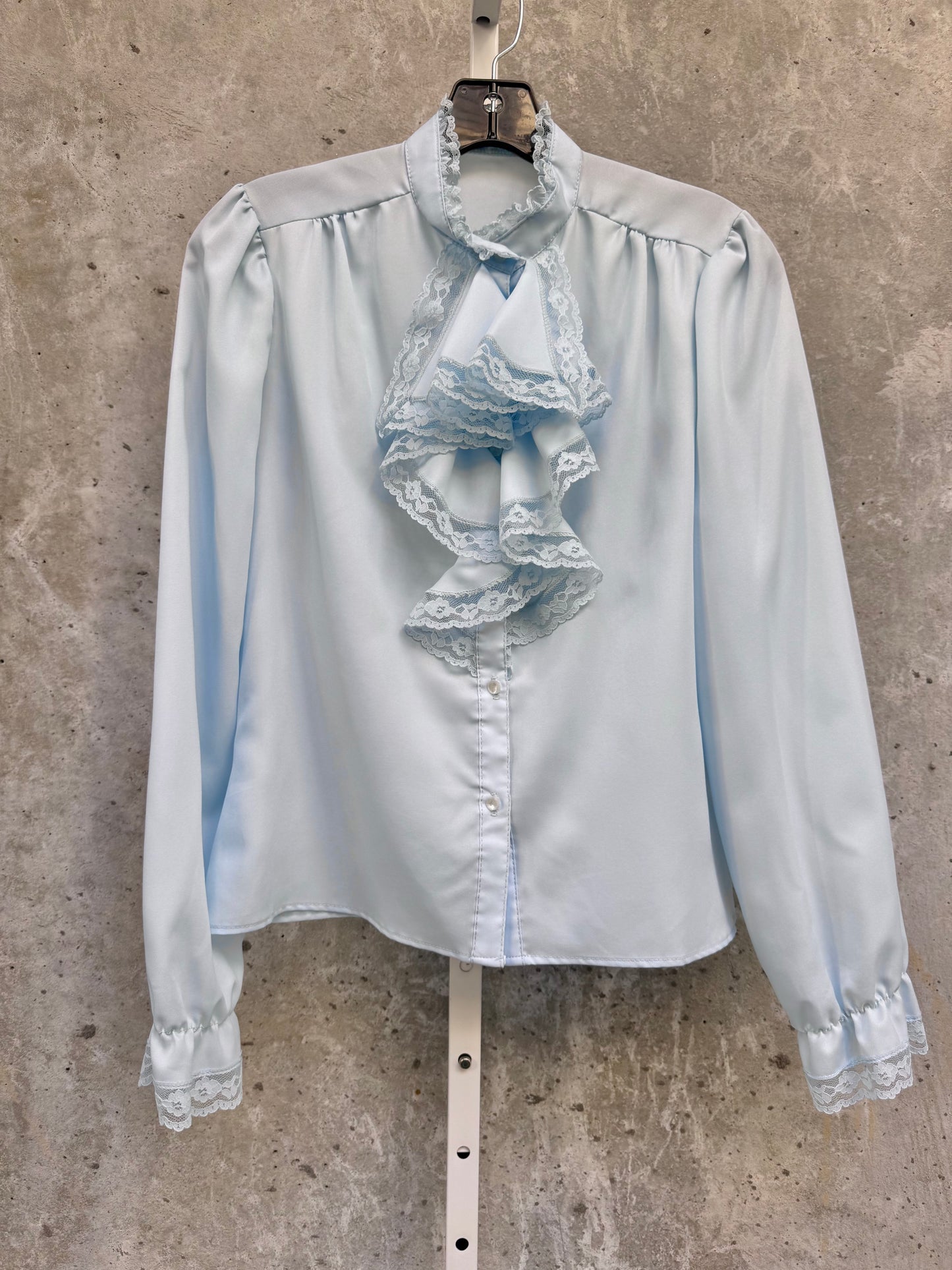 1970s Powder Blue Cravat Collar Blouse