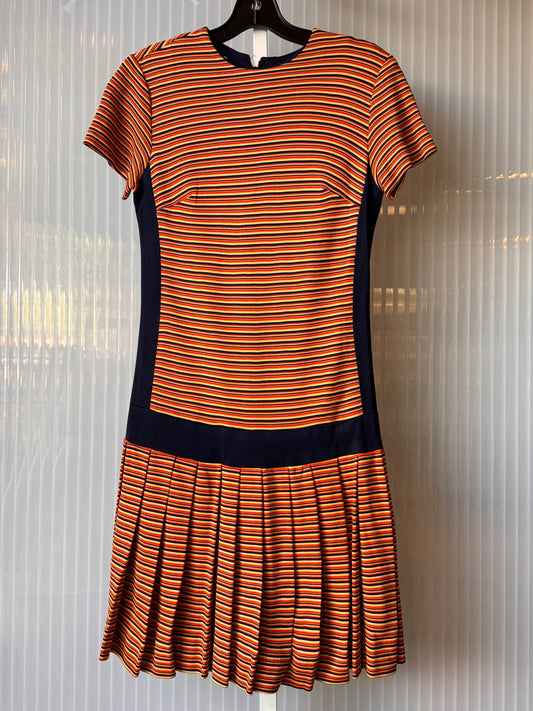 1960s Navy & Orange Stripe Pleated Dress