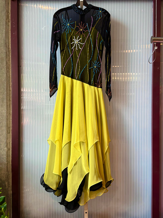 1980s Black & Fluorescent Yellow Ballroom Dance Dress with Colorful Beading