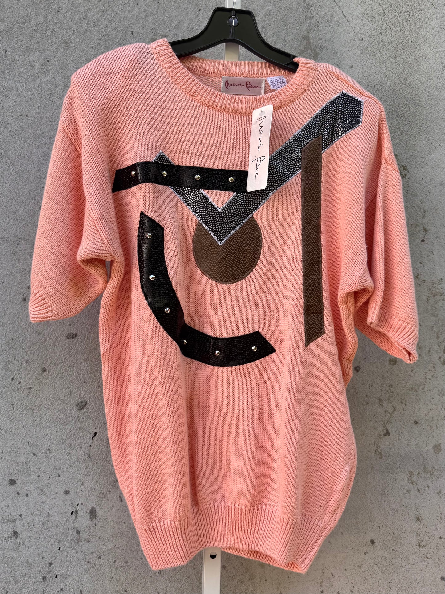 1980s Pink Knit Sweater Top with Metallic Graphics
