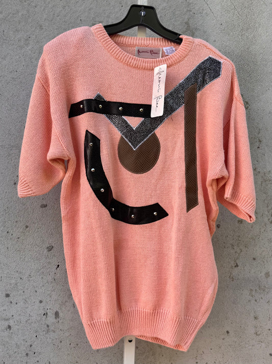 1980s Pink Knit Sweater Top with Metallic Graphics