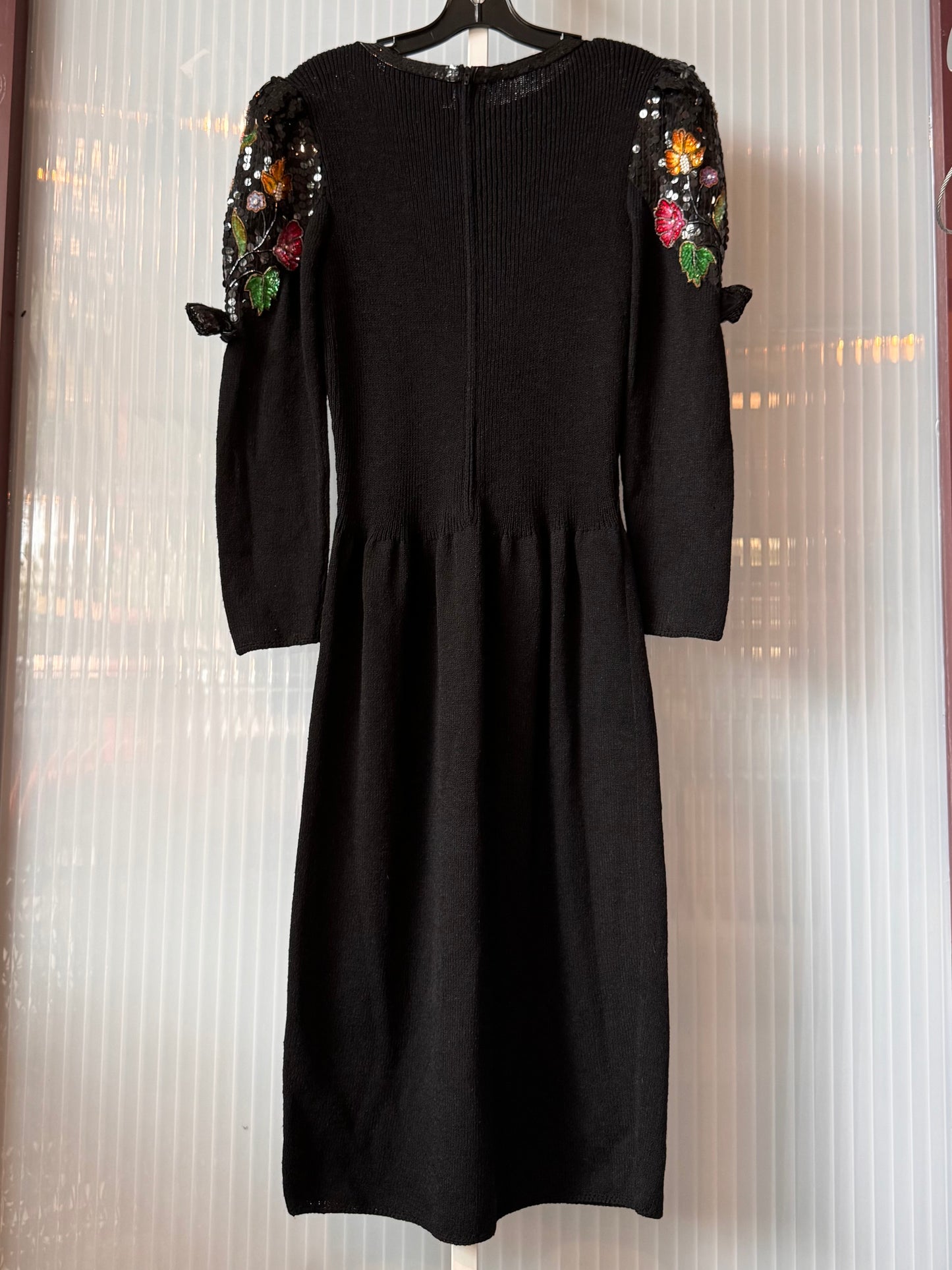 1980s Black Knit Formal Dress with Colorful Sequin Florals