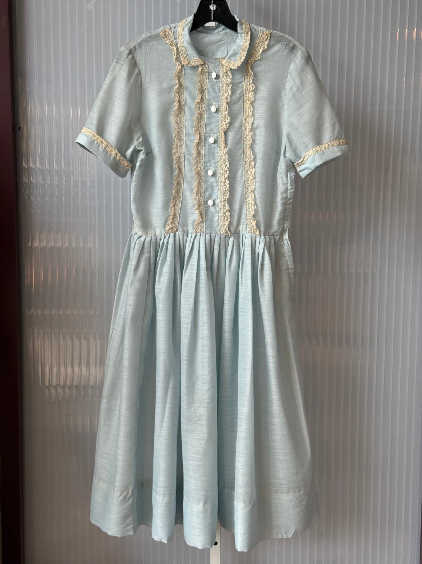 1950s Light Blue Sheer Shirtwaist Dress w/ Cream Lace Accent