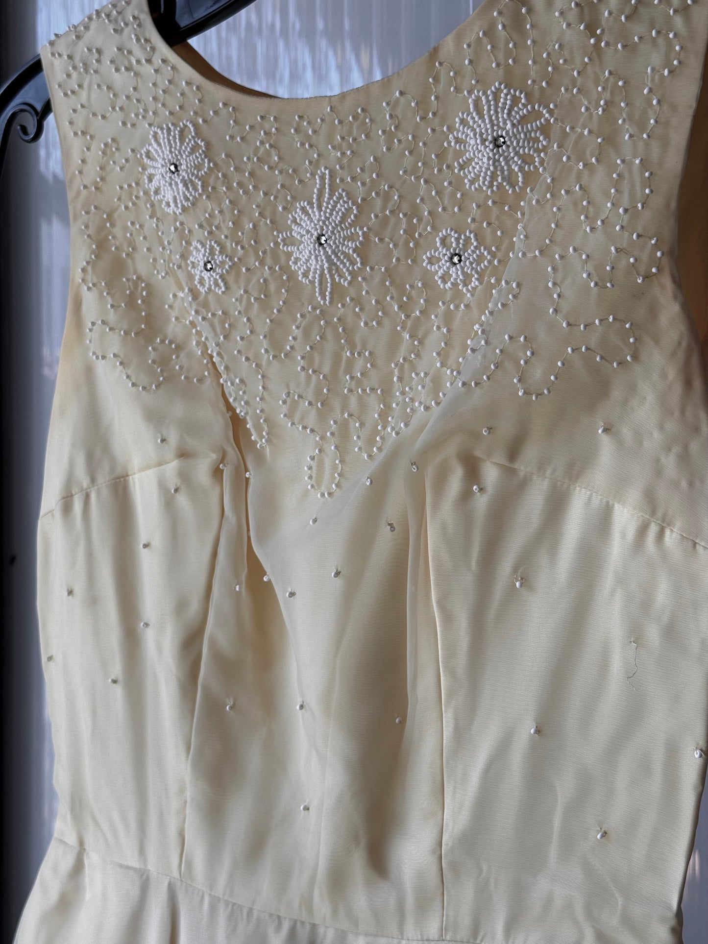 1970s Lemon Yellow Sheer Layered Gown w/ White Beading