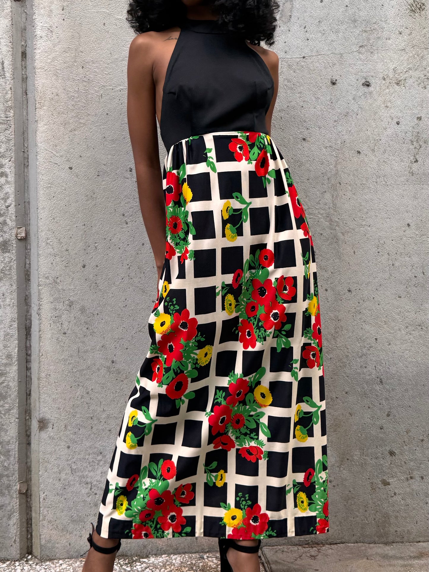 1970s Black Red & Green Floral Halter-Like Dress
