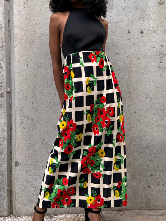 1970s Black Red & Green Floral Halter-Like Dress