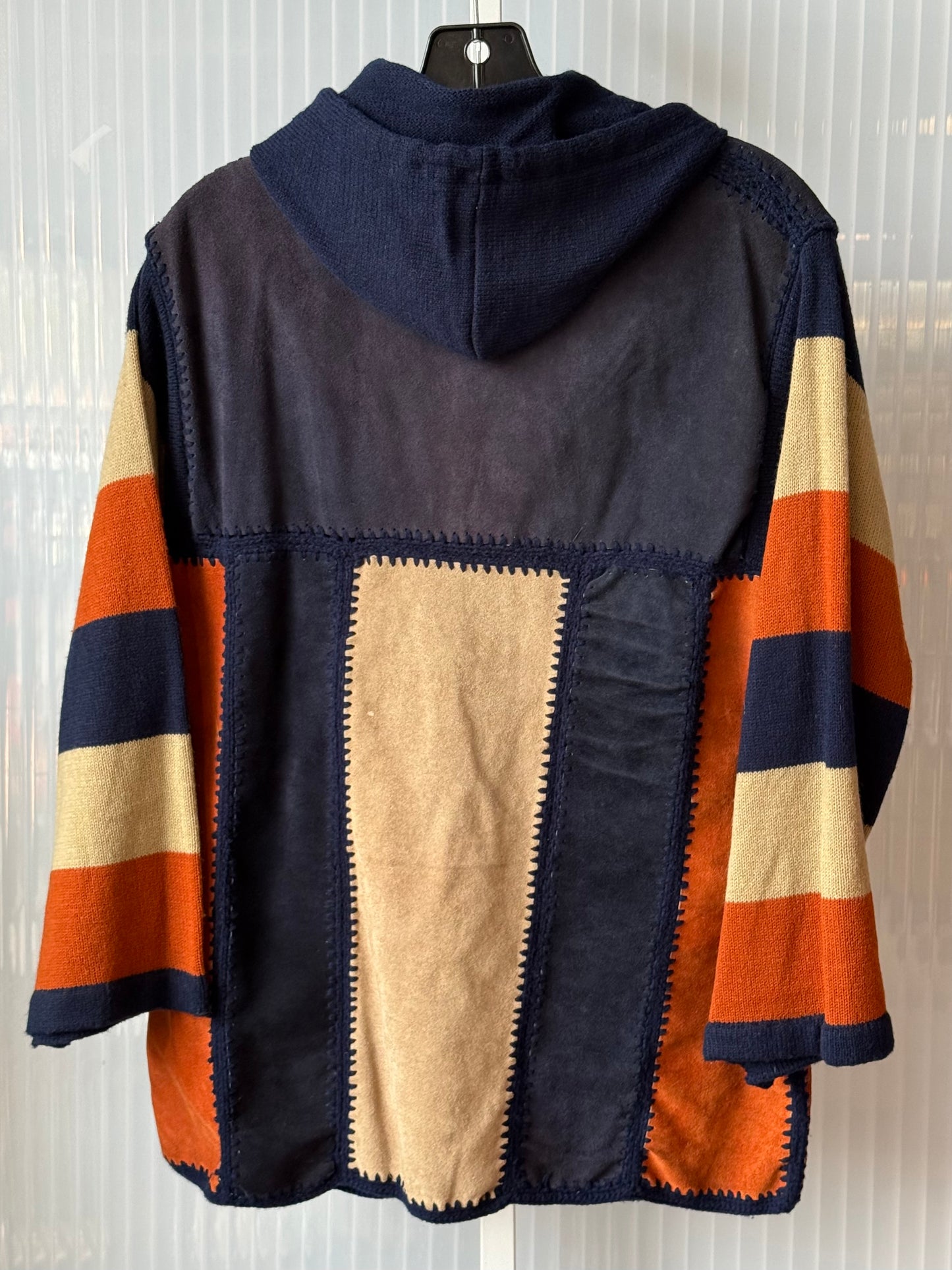 1970s Blue & Orange Suede Coat w/ Knitted Hood & Sleeves