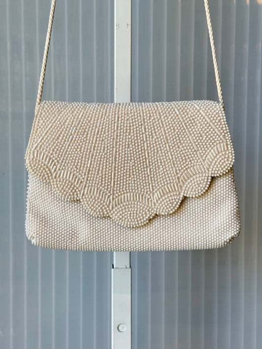 1960s Handmade White Beaded Evening Bag