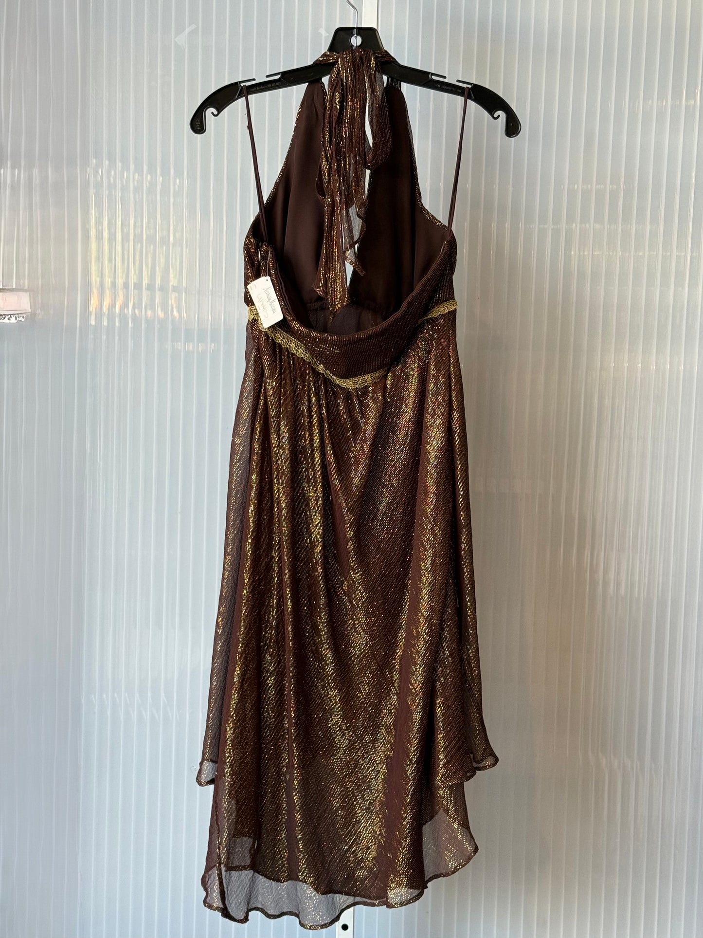 2000s Nicole Miller Brown and Gold Sparkly Halter Dress