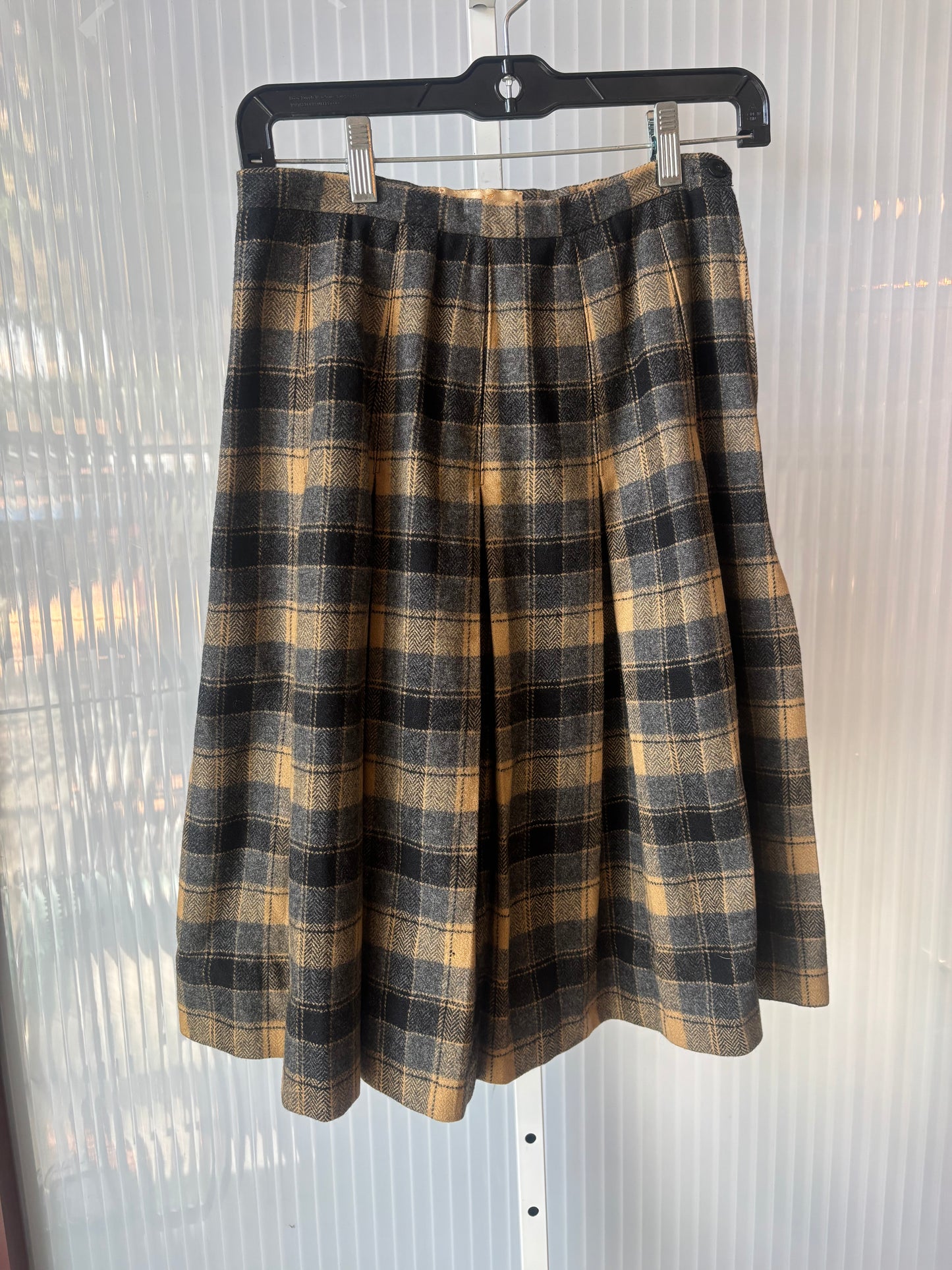 1970s Grey & Yellow Plaid Wool Tweed Box Pleated Skirt