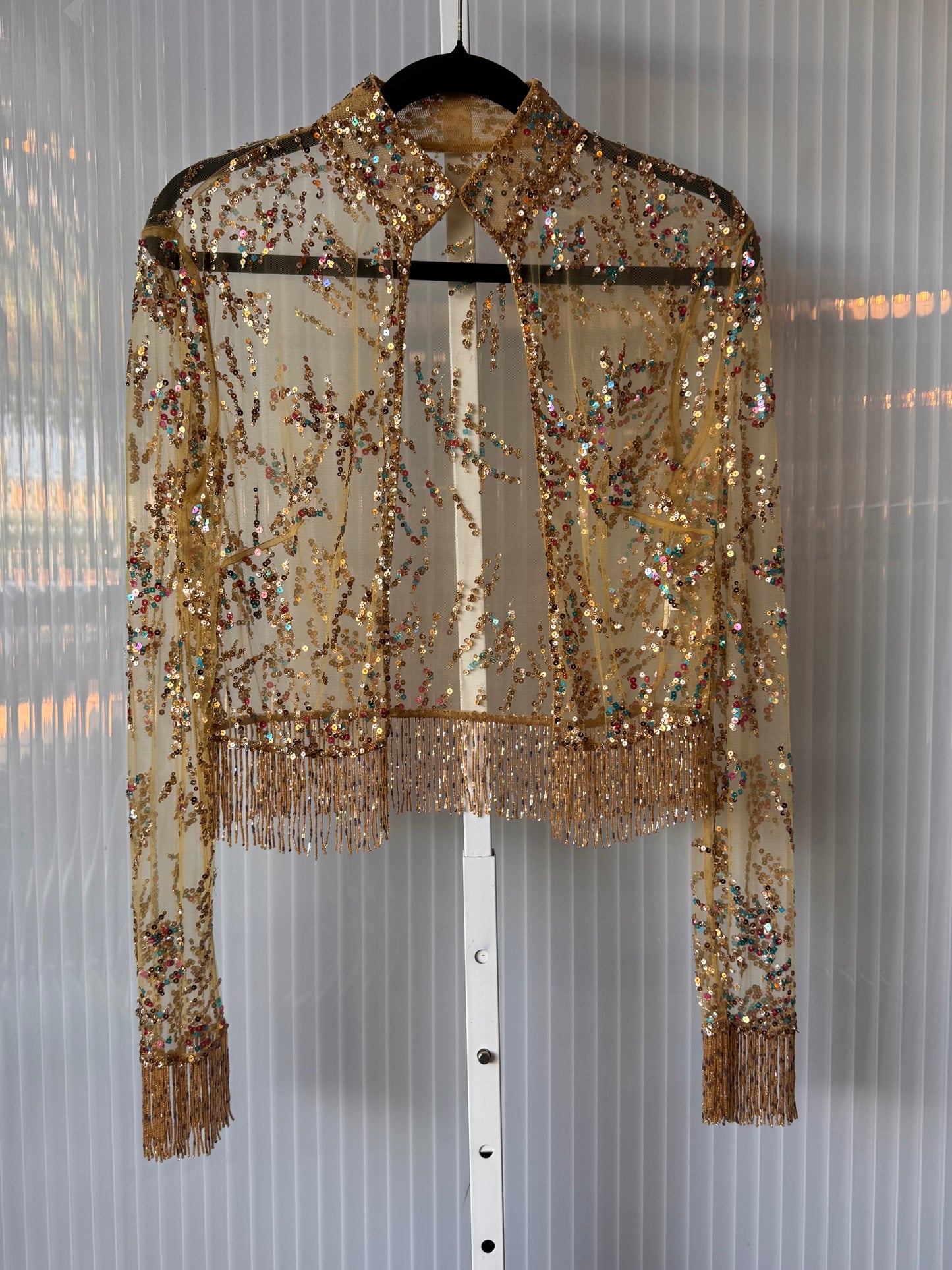 1970s Yellow Sheer Sequin Jacket Overlay w/ Beaded Fringe