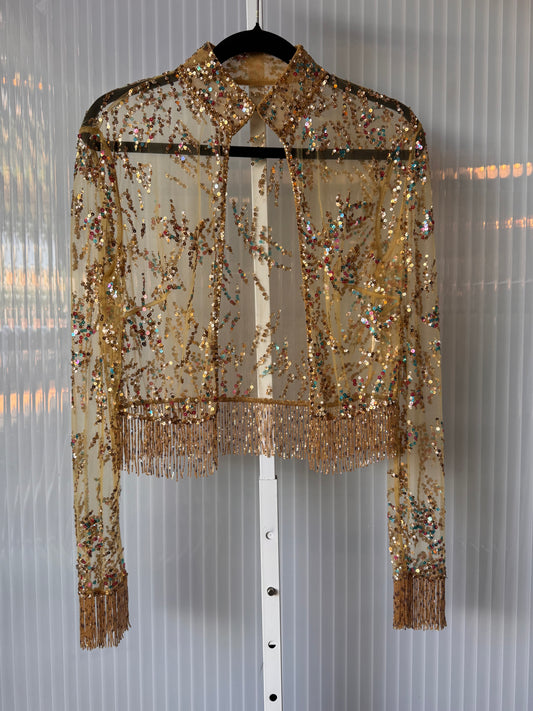 1970s Yellow Sheer Sequin Jacket Overlay w/ Beaded Fringe